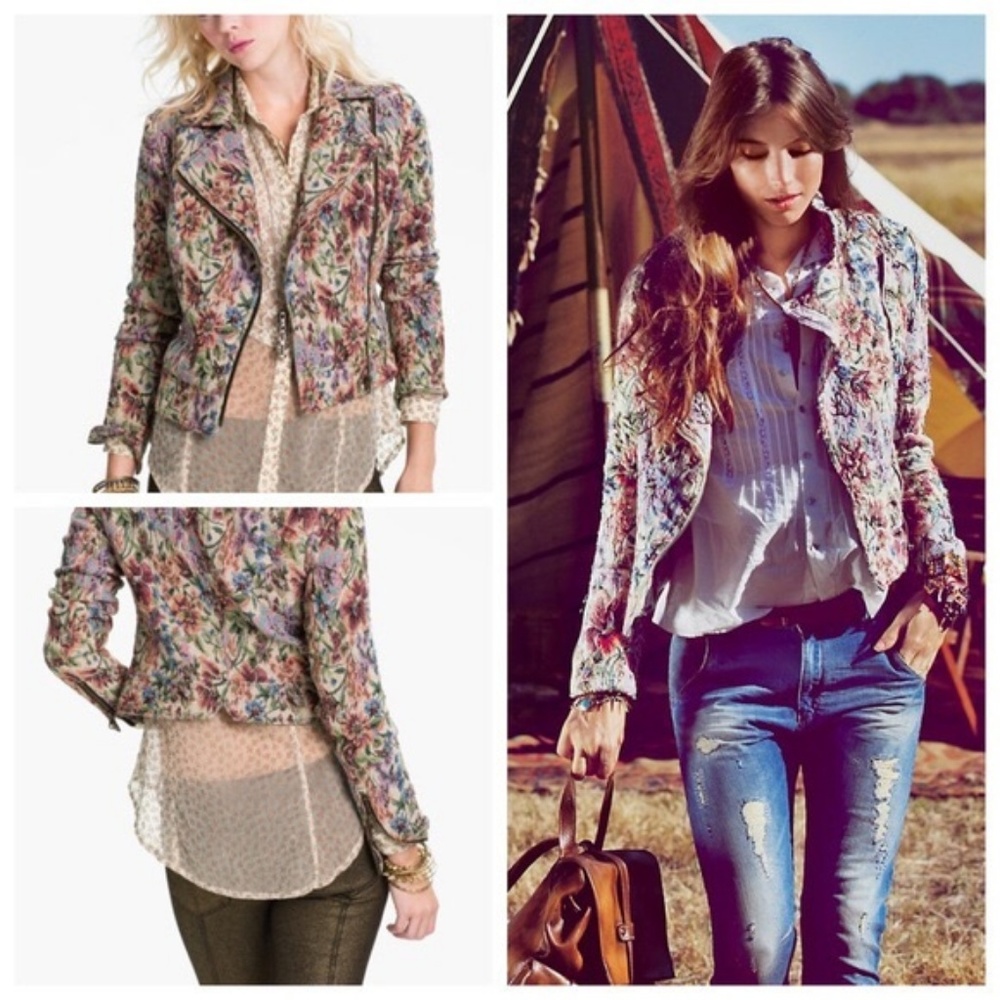 Free People Distressed Floral Tapestry Moto Jacket